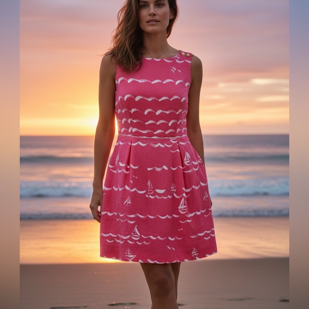 Talbots Coral Cactus Pink Nautical Smooth Sailing Fit & Flare Dress 8 petite